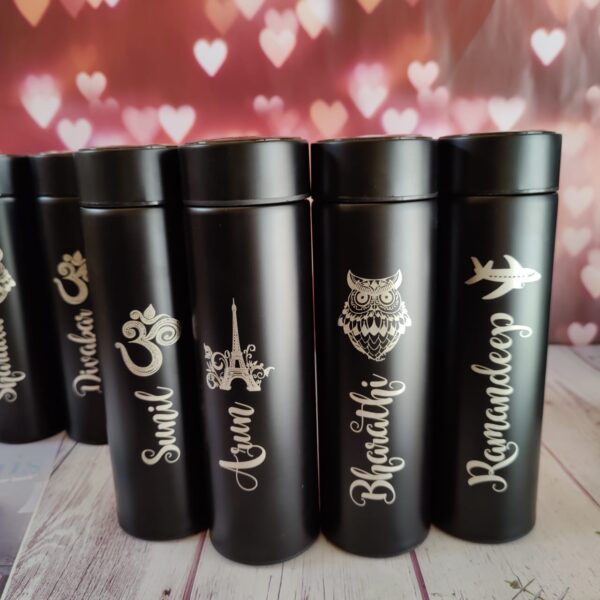 Customizable Name Logo Engrave Inner Temperature Display Bottle Flask display images name with logo air aero plane om Eiffel tower owl