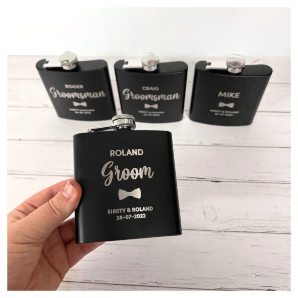 Customizable Name Logo Design Hip Flask for drinks display image main luvecloset group photo for groom and friends gift in wedding or photoshoot