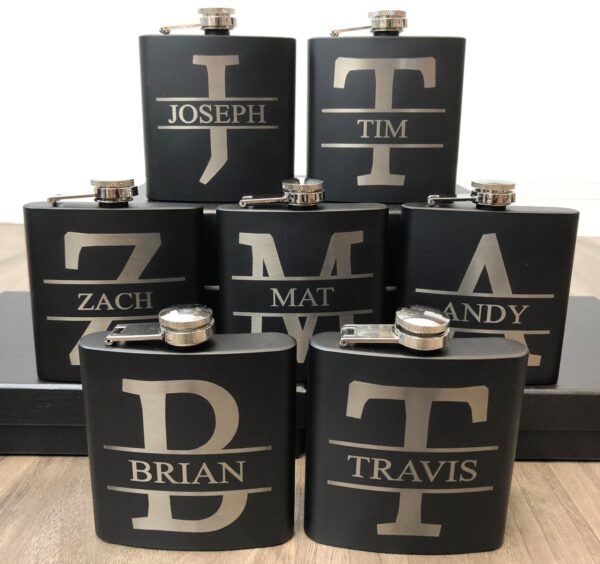 Customizable Name Logo Design Hip Flask for drinks display image main luvecloset in middle name under first name Alphabet theme party.