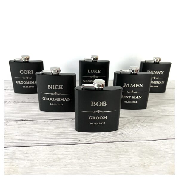 Customizable Name Logo Design Hip Flask for drinks display image main luvecloset group photo for groom and bride and friends gift in wedding or photoshoot