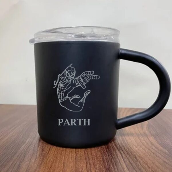 Personalized Stainless Steel Black Coffee Mug with LID spiderman engraved