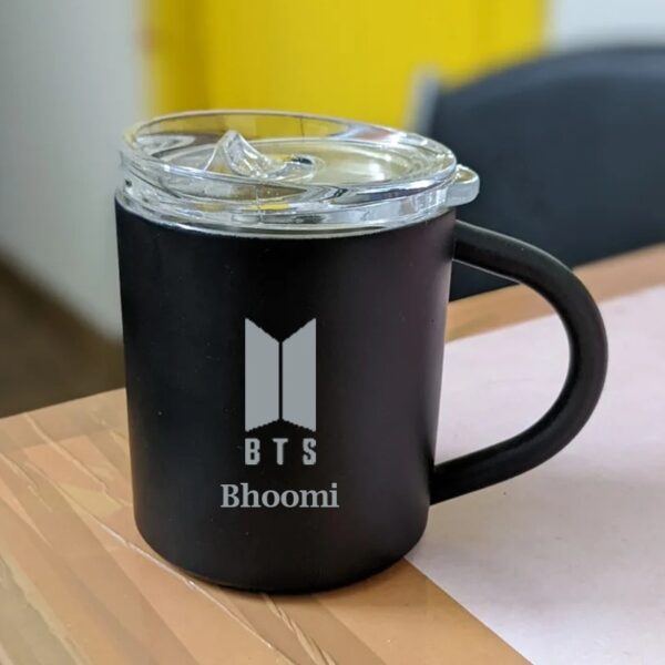 Personalized Stainless Steel Black Coffee Mug with LID BTS engraved