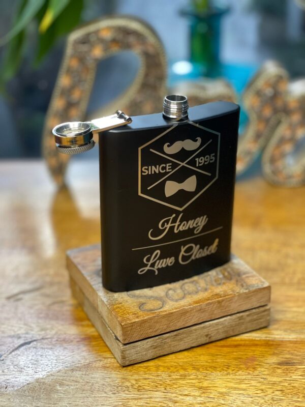 Customizable Name Logo Design Hip Flask for drinks display image main honey luvecloset front photo with open cap.