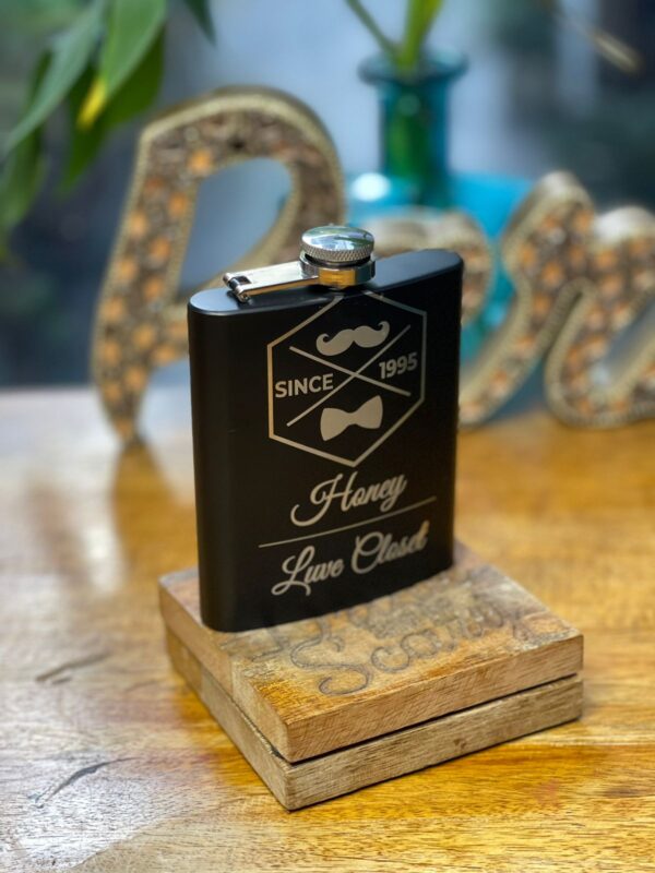 Customizable Name Logo Design Hip Flask display image main honey luvecloset front photo
