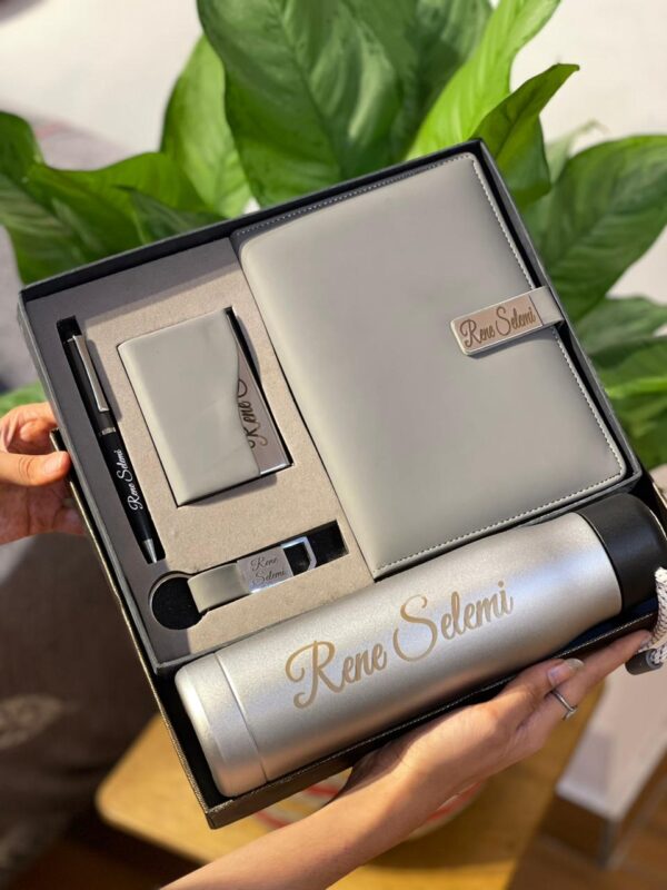 Customizable Name 5in1 Grey Diary, Pen, Keychain, Card Holder, Bottle Combo Set main rene selemi name printed display image