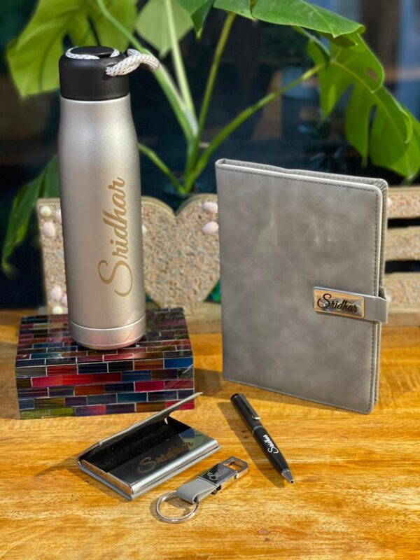 Customizable Name 5in1 Grey Diary, Pen, Keychain, Card Holder, Bottle Combo Set main sridhar name printed out of box display image