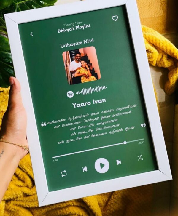Customizable A4 size Photo Frame to beautify your walls and relive precious movements of your life one photo and quote with calendar display Spotify music playing green theme design white border luvecloset