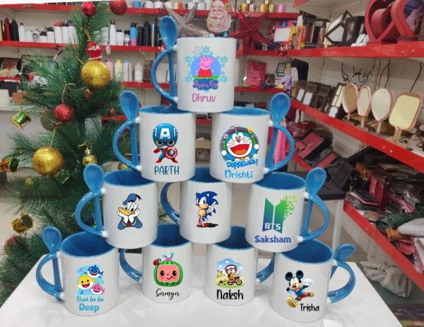 Customizable Photo Text Ceramic Mug With Spoon luvecloset display image of blue color printed mugs