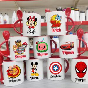 Customizable Photo Text Ceramic Mug With Spoon luvecloset display image of Red color printed mugs
