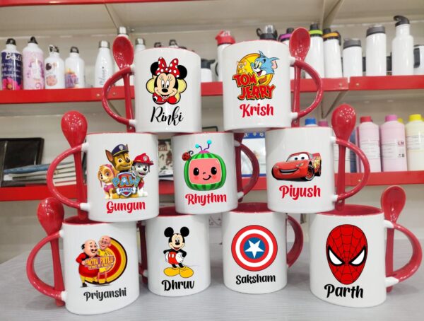 Customizable Photo Text Ceramic Mug With Spoon luvecloset display image of Red color printed mugs