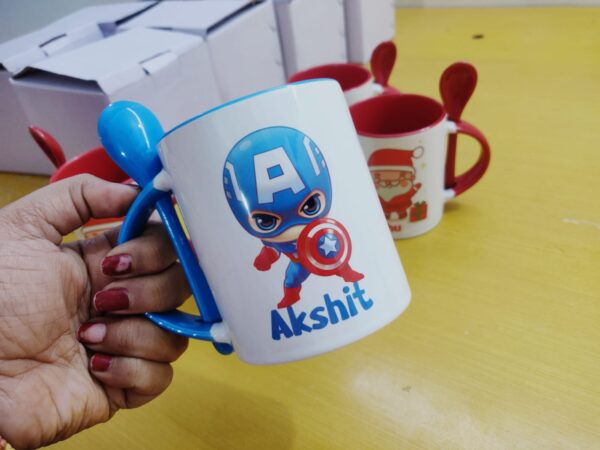 Customizable Photo Text Ceramic Mug With Spoon luvecloset display image of blue color mug looks on hand