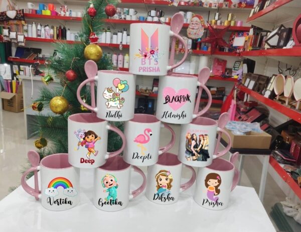 Customizable Photo Text Ceramic Mug With Spoon luvecloset display image of pink color printed mugs