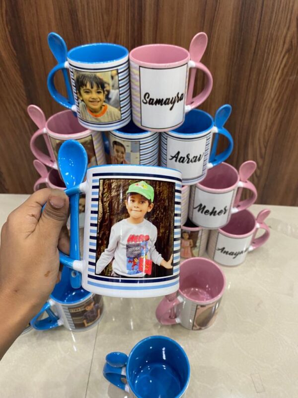 Customizable Photo Text Ceramic Mug With Spoon luvecloset display image of blue color printed mug looks on hand close up