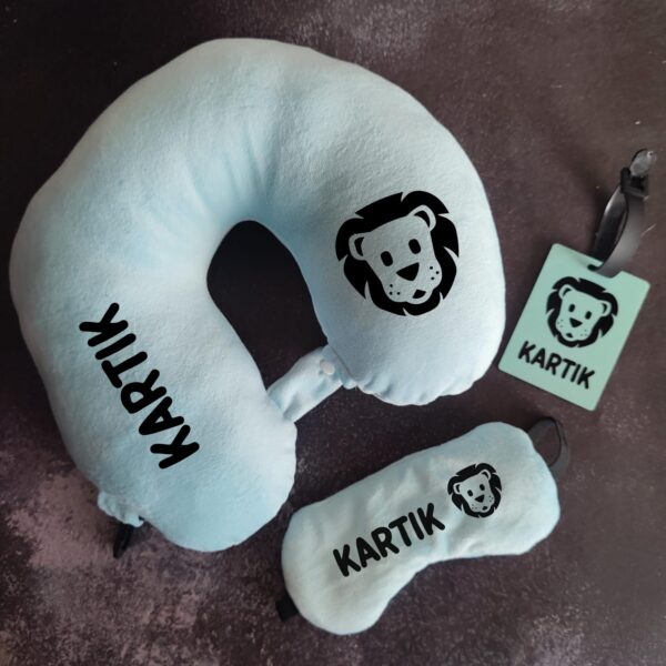Customizable Name Logo Premium Neck Pillow & Eye Mask for Travel Comfortable Head Rest luvecloset display image name printed with lion sky blue color