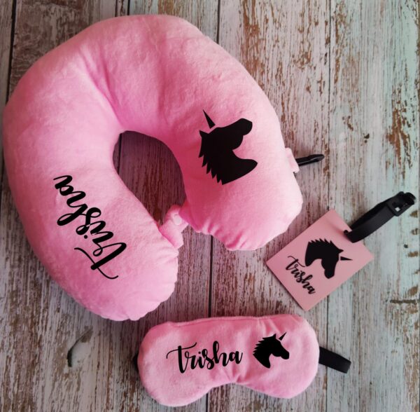 Customizable Name Logo Premium Neck Pillow & Eye Mask for Travel Comfortable Head Rest luvecloset display image name printed with unicorn cartoon character logo baby pink color