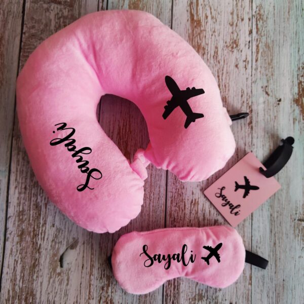 Customizable Name Logo Premium Neck Pillow & Eye Mask for Travel Comfortable Head Rest luvecloset display image name printed with aero plane airplane logo baby pink color
