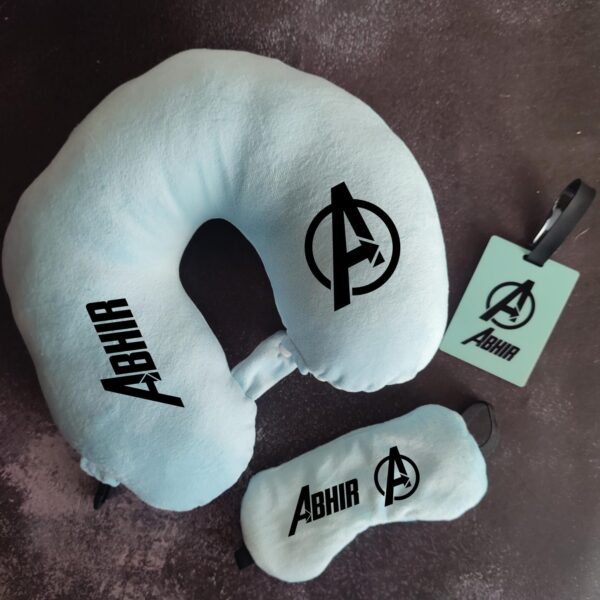 Customizable Name Logo Premium Neck Pillow & Eye Mask for Travel Comfortable Head Rest luvecloset display image name printed with avengers logo sky blue color