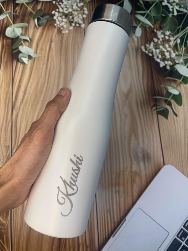 LuveCloset Customizable Name Engraved White Flora Stainless Steel Water Bottle – 1L | Single Wall, Lightweight & Durable | Personalized Reusable Bottle for Travel, Gym & Office