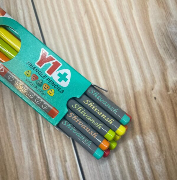 LuveCloset Customizable Name Engraved Triangle Pencils – Pack of 10 | Colorful Body with Black Writing | Includes Eraser & Sharpener | Best Return Gift for Kids & Students