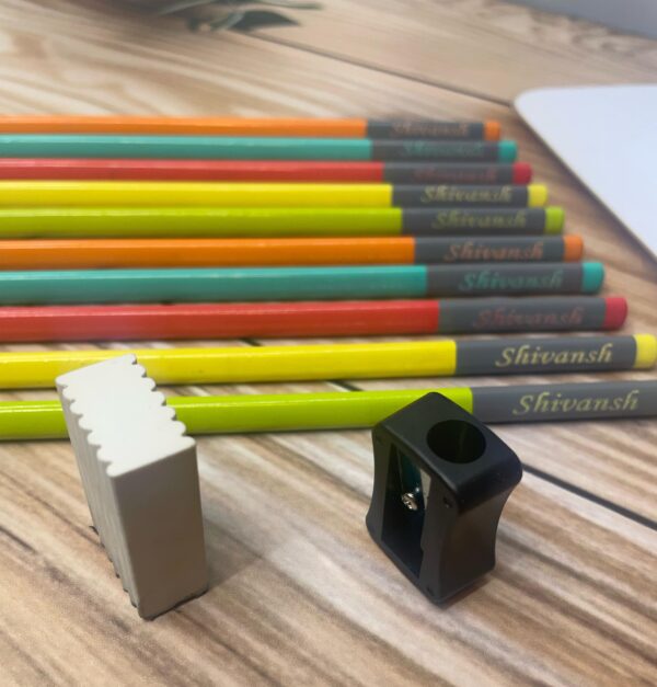 LuveCloset Customizable Name Engraved Triangle Pencils – Pack of 10 | Colorful Body with Black Writing | Includes Eraser & Sharpener | Best Return Gift for Kids & Students