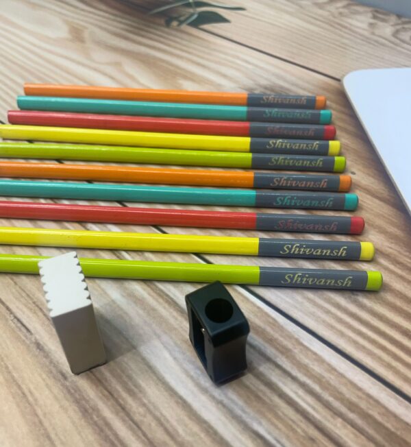 LuveCloset Customizable Name Engraved Triangle Pencils – Pack of 10 | Colorful Body with Black Writing | Includes Eraser & Sharpener | Best Return Gift for Kids & Students