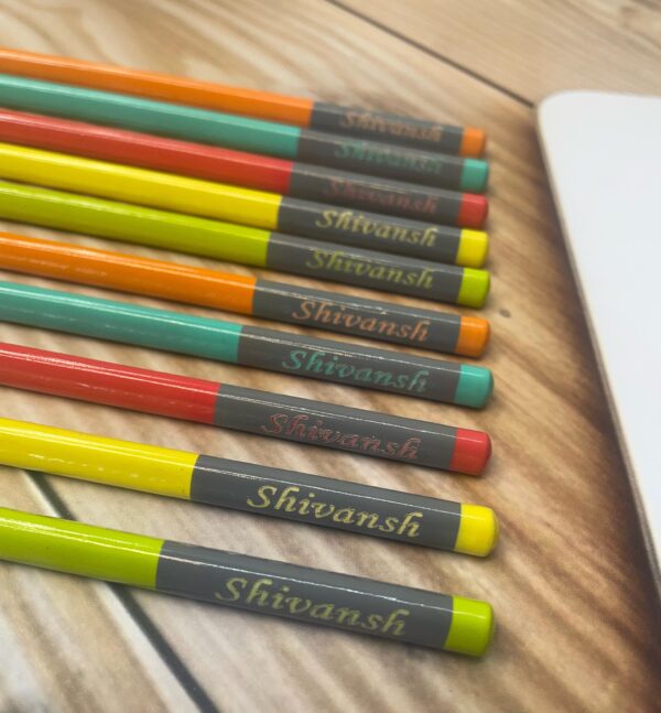 LuveCloset Customizable Name Engraved Triangle Pencils – Pack of 10 | Colorful Body with Black Writing | Includes Eraser & Sharpener | Best Return Gift for Kids & Students