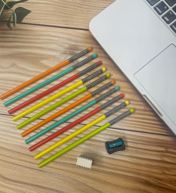 LuveCloset Customizable Name Engraved Triangle Pencils – Pack of 10 | Colorful Body with Black Writing | Includes Eraser & Sharpener | Best Return Gift for Kids & Students