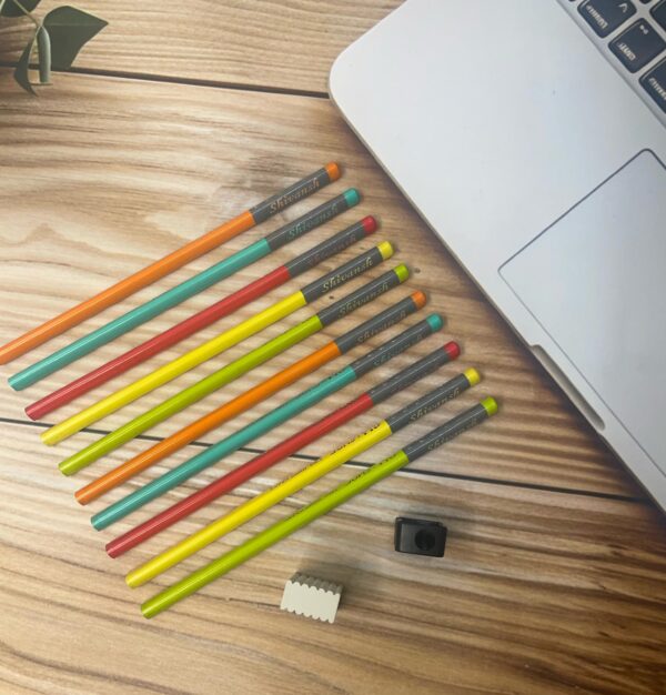 LuveCloset Customizable Name Engraved Triangle Pencils – Pack of 10 | Colorful Body with Black Writing | Includes Eraser & Sharpener | Best Return Gift for Kids & Students