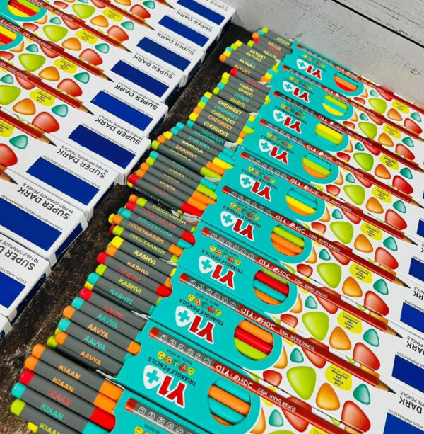 LuveCloset Customizable Name Engraved Triangle Pencils – Pack of 10 | Colorful Body with Black Writing | Includes Eraser & Sharpener | Best Return Gift for Kids & Students