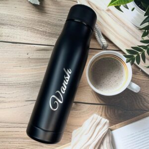 LuveCloset Customizable Name Engraved Stainless Steel Bottle Flask, 510ml – Black | Keeps Hot & Cold for 8 Hours | Personalized Insulated Water Bottle with Rope Cap