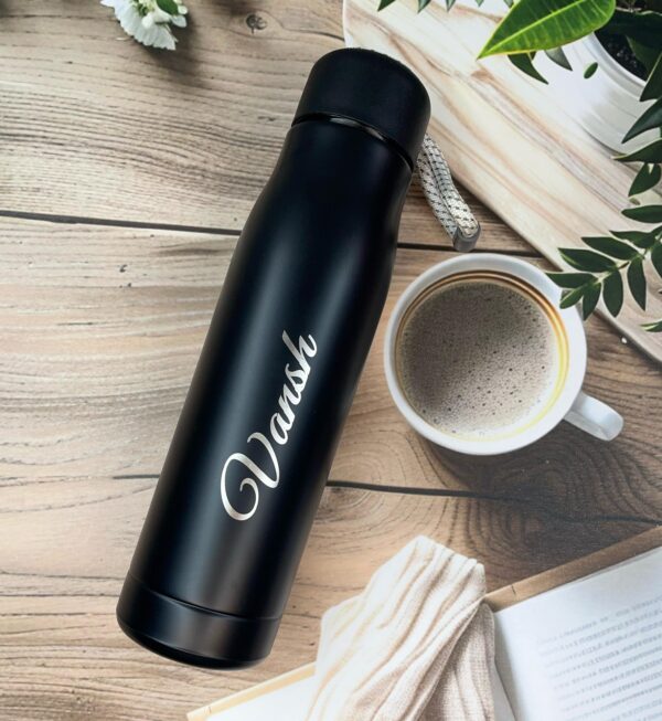 LuveCloset Customizable Name Engraved Stainless Steel Bottle Flask, 510ml – Black | Keeps Hot & Cold for 8 Hours | Personalized Insulated Water Bottle with Rope Cap