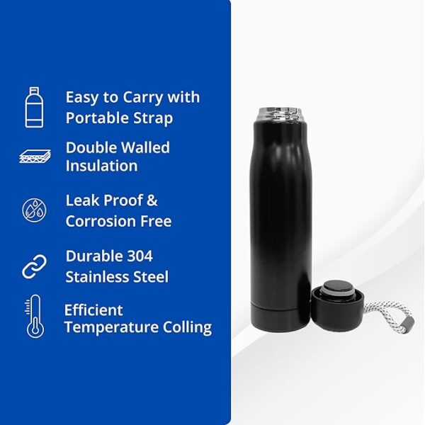 LuveCloset Customizable Name Engraved Stainless Steel Bottle Flask, 510ml – Black | Keeps Hot & Cold for 8 Hours | Personalized Insulated Water Bottle with Rope Cap