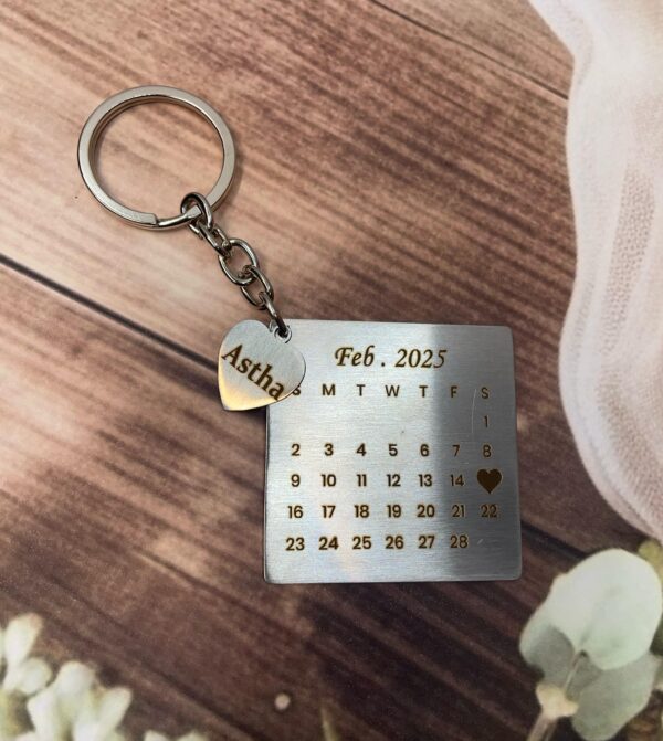 LuveCloset Personalized Calendar Date Keychain with Custom Name Engraving – Stainless Steel Love Gift for Couples, Anniversary, Birthday & Special Occasions main image