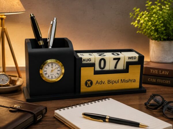 Personalized Wooden Desk Organizer with Clock, Calendar & Mobile Stand | Custom Name Plate Pen Holder