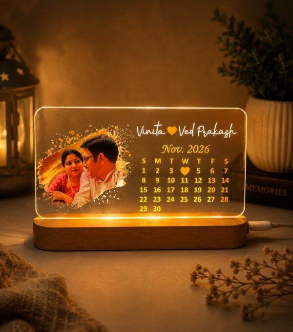 Personalized Acrylic LED Calendar Lamp with Photo & Name | Custom Couple Memory Table Lamp