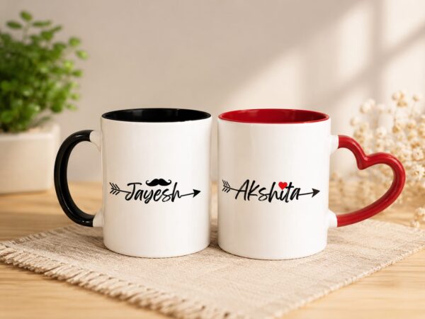 Personalized Couple Mug Set with Names | Heart Handle Coffee Mugs | Anniversary & Valentine's Gift